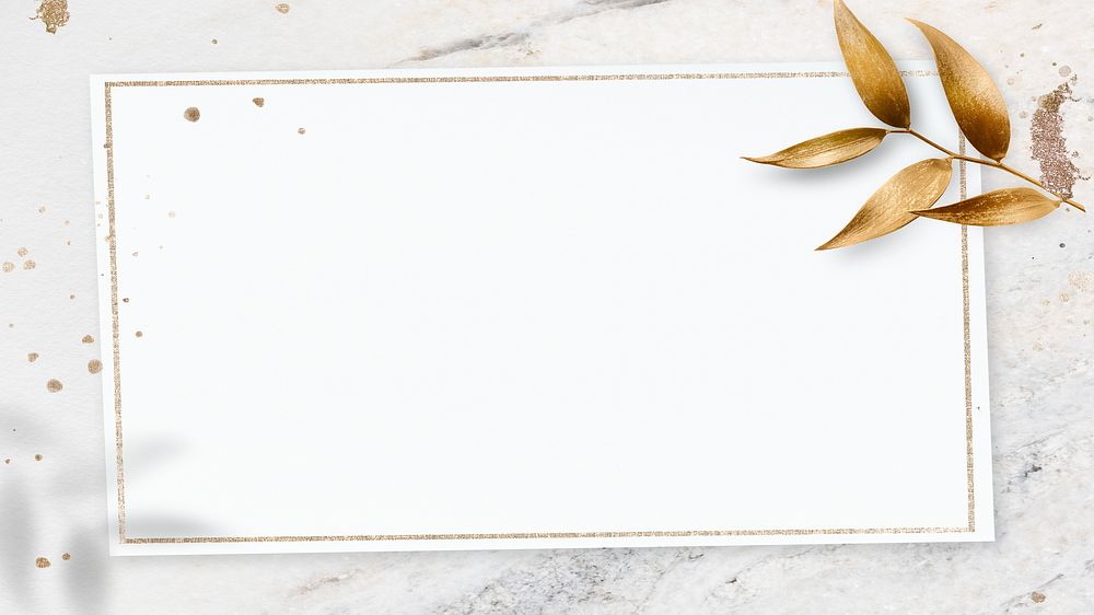 Golden olive leaves with rectangle frame on marble textured background
