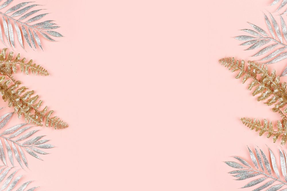 Glittery leaves on pink background design resource