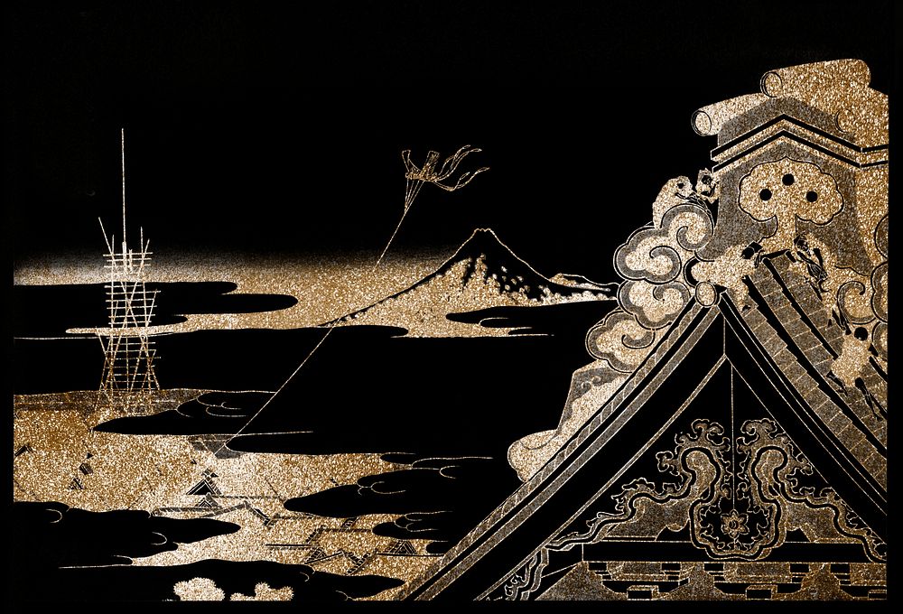 Shimmering golden temple vintage illustration, remix of original painting by Hokusai.