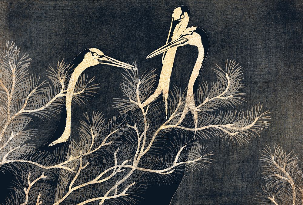 Red-crowned crane vintage illustration, remix from original painting by Kamisaka Sekka.