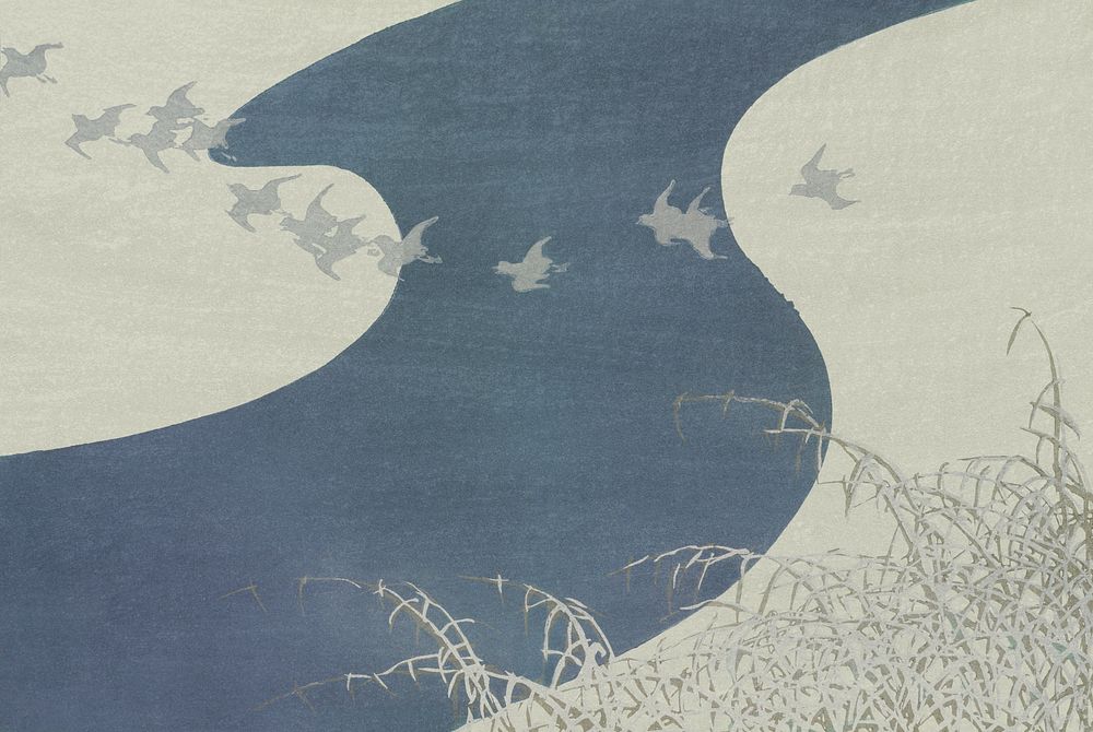 Birds flying over river vintage illustration, remix from original artwork.