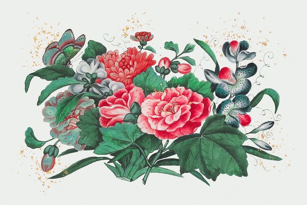 Chinese peony flowers vintage illustration, remix from original artwork.