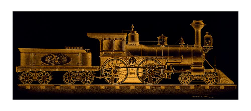 Gold railroad engine vintage illustration wall art print and poster design remix from original artwork.