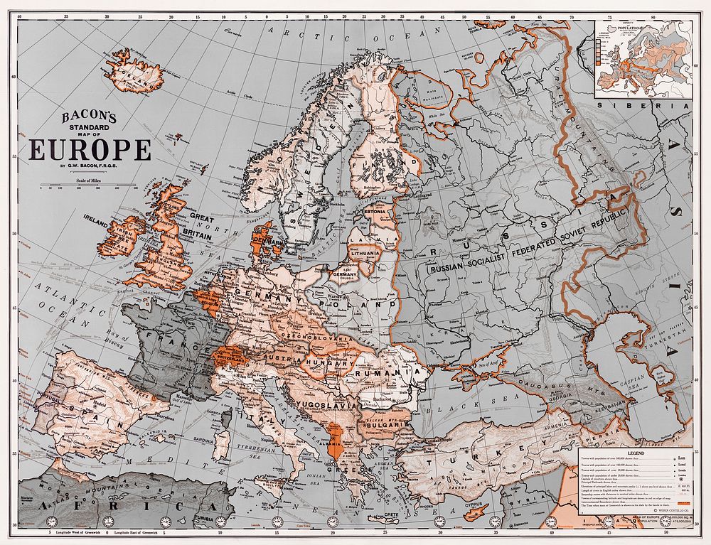 Bacon's standard map of Europe vintage illustration, remix from original artwork.