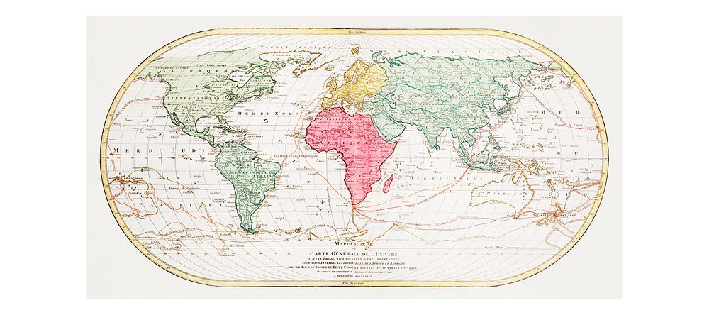 World map of the universe in French vintage illustration wall art print and poster design remix from the original artwork.