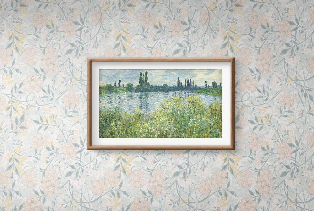 Scenery frame mockup against a floral wallpaper