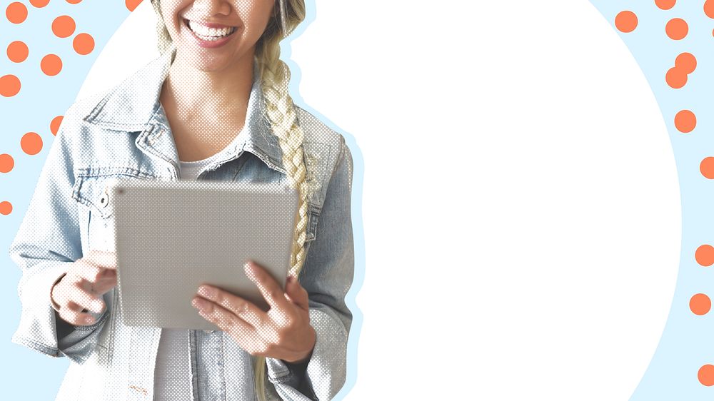 Cheerful woman using tablet wallpaper