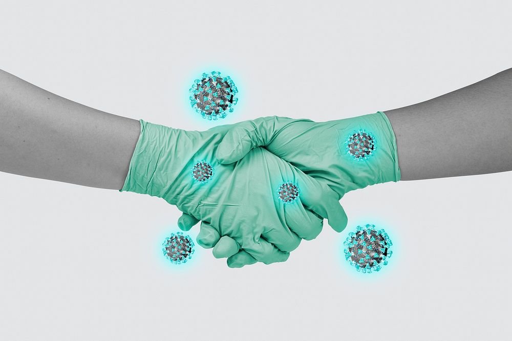 Shaking hands with latex gloves on to prevent coronavirus contamination