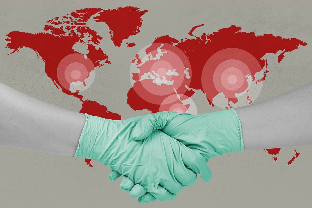 Gloved hands shaking hands to prevent coronavirus contamination