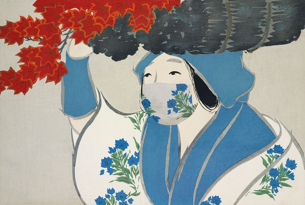 Kamisaka Sekka's woman from Momoyogusa&ndash;Flowers of a Hundred Generations wearing a surgical mask public domain remix