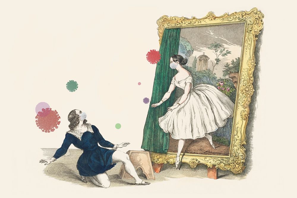 Vintage advertisement for a ballet "Des Malers Traumbild" featuring Fanny Elßler during coronavirus outbreak