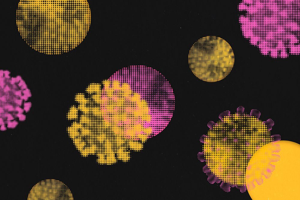 Pink and yellow halftone coronavirus on a black background psd mockup