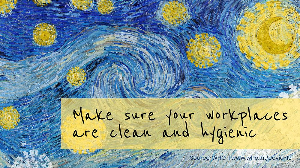 Workplace hygiene message and Van Gogh's The Starry Night coronavirus pandemic remix vector