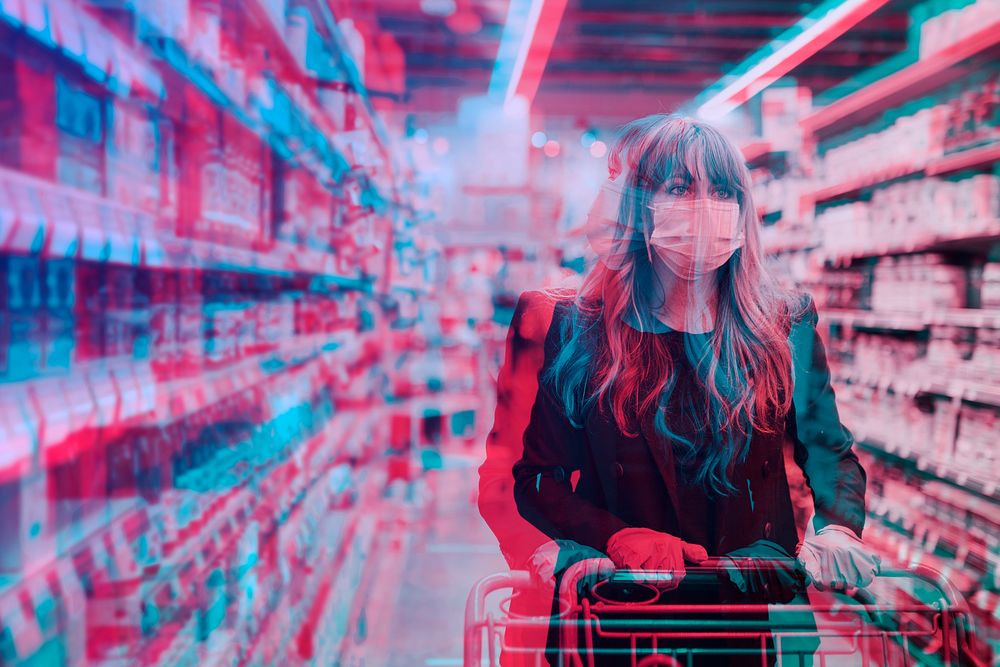 Woman in a supermarket during the COVID-19 pandemic double exposure photography