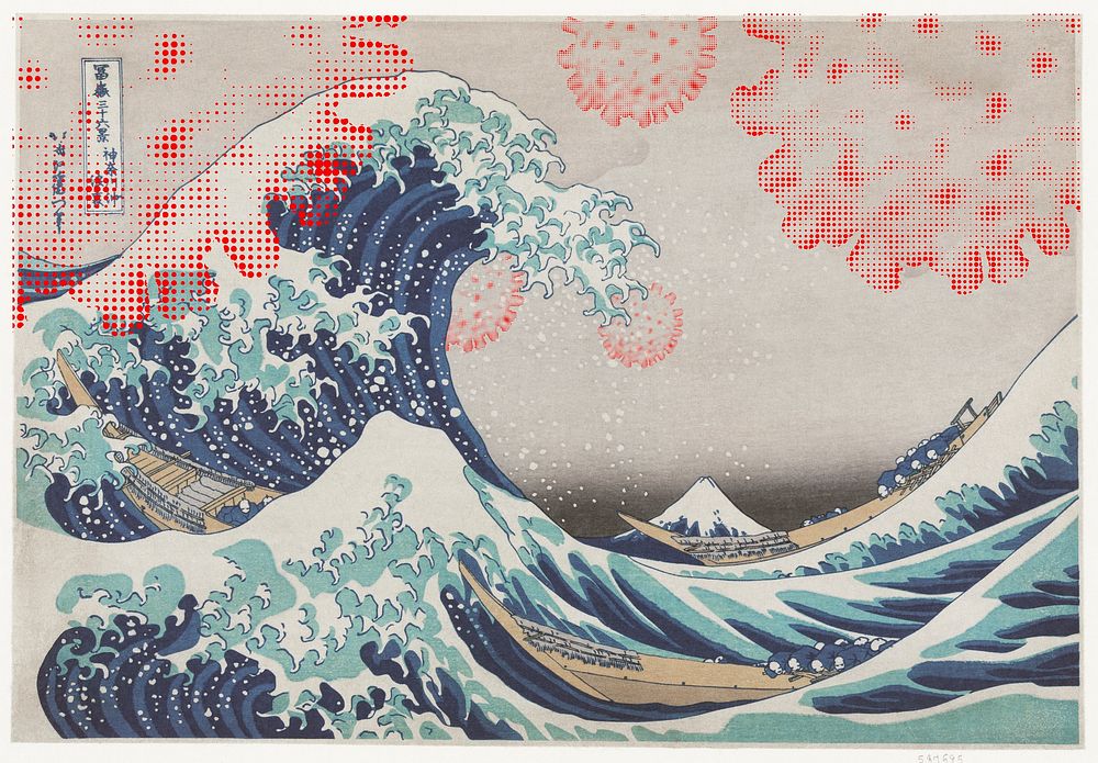 The Great Wave off Kanagawa against coronavirus background