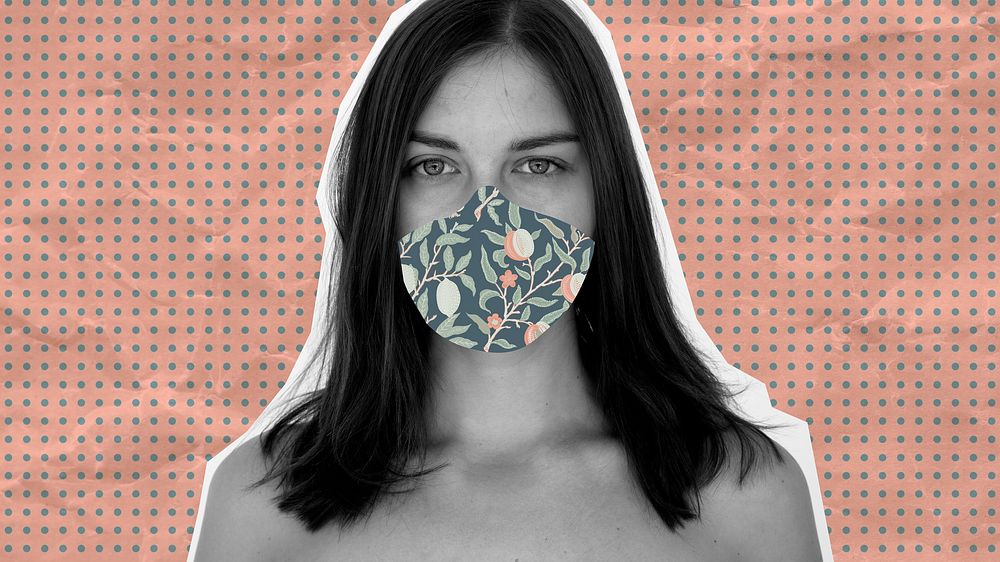 Woman wearing a floral face mask during coronavirus pandemic background