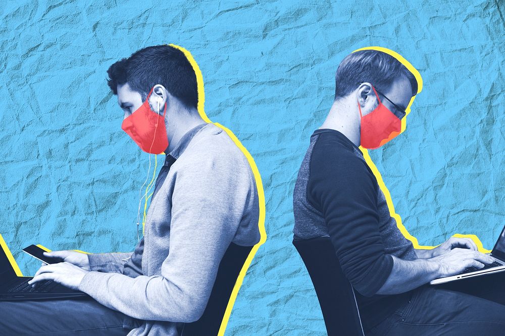 Men with masks sitting in public social template mockup
