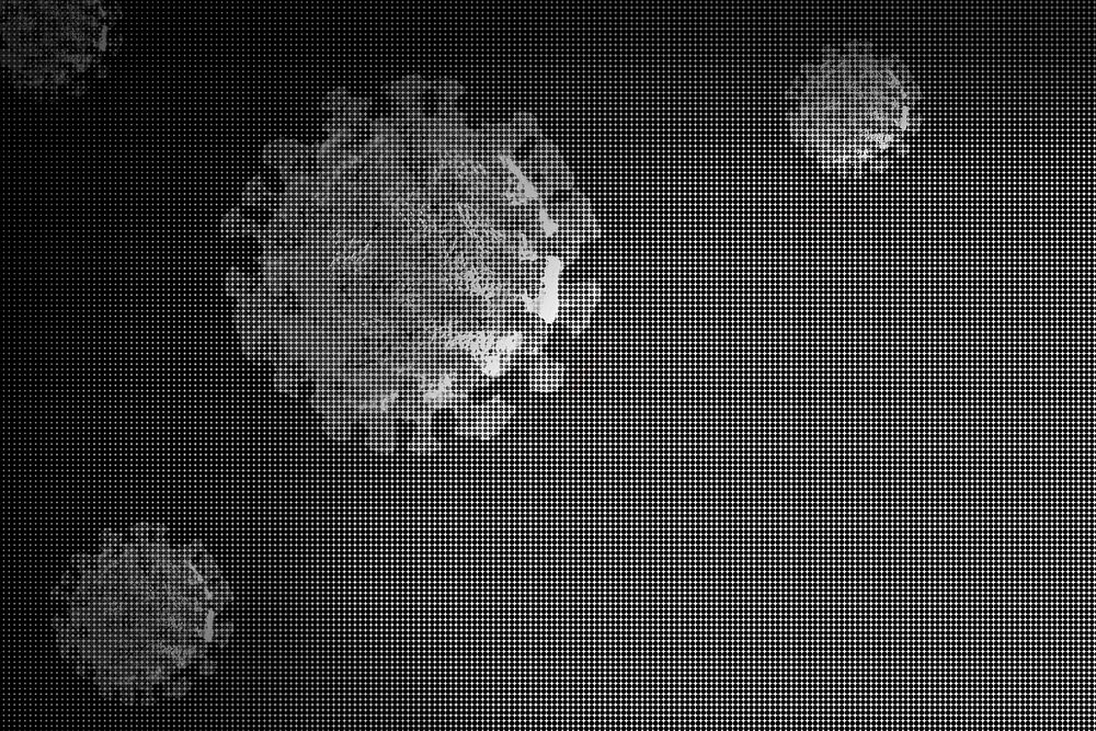 Coronavirus cells under microscope monotone background