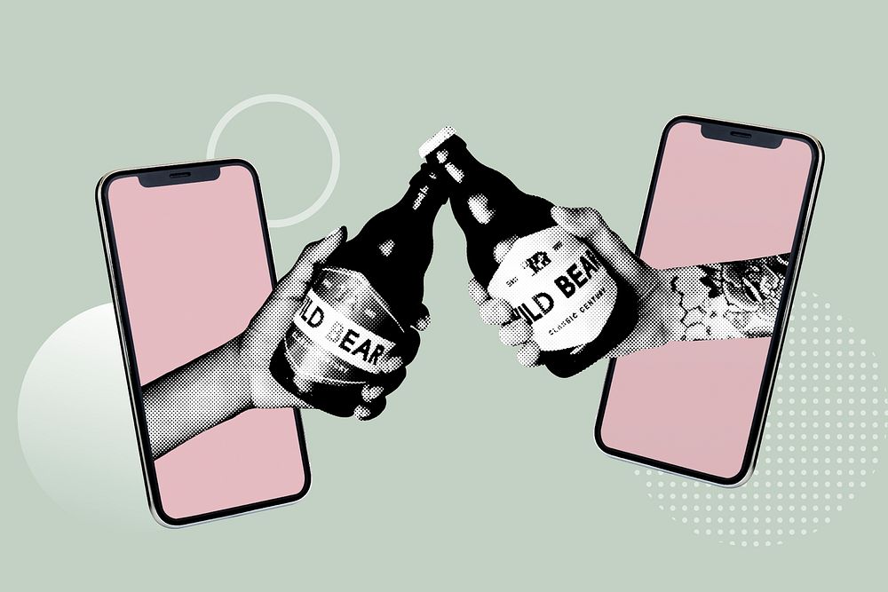 Clinking beer bottles with a social distancing mockup