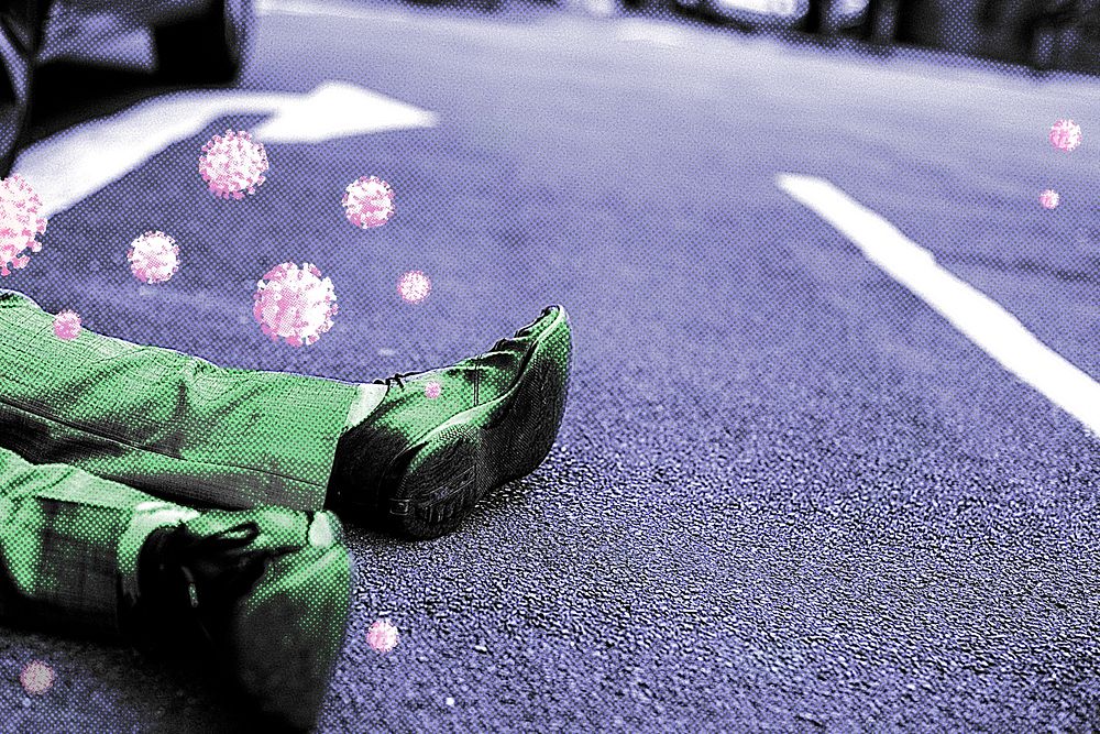 Coronavirus infected man lying on the street mockup