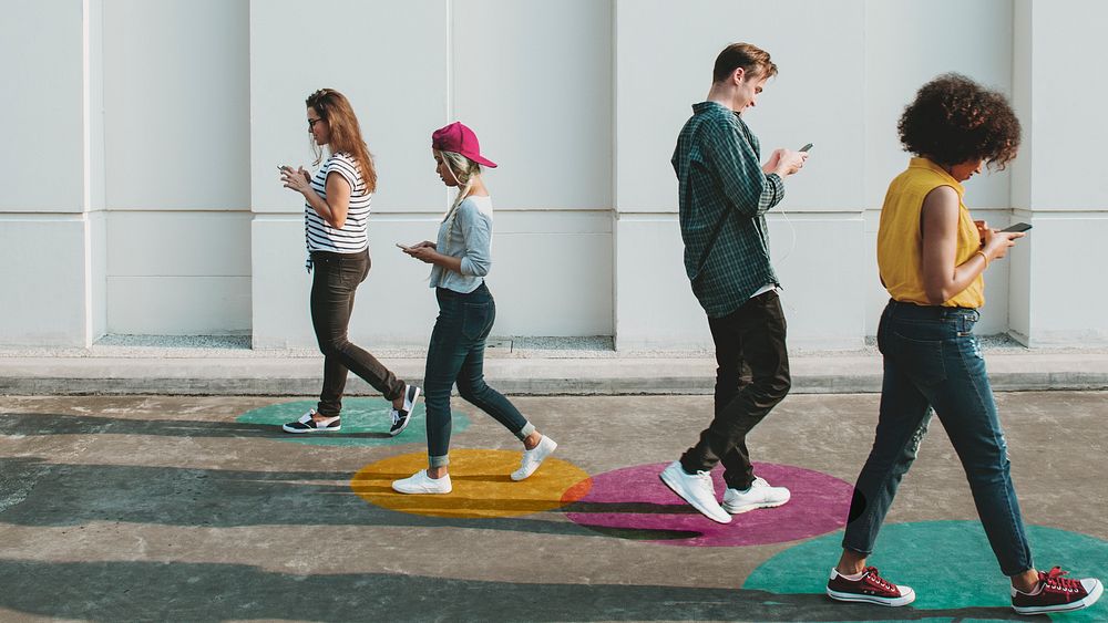 People walking with social distancing in public mockup