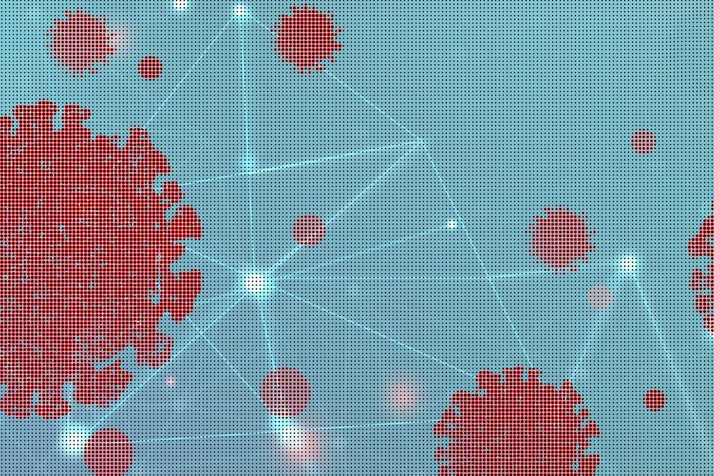 Red coronavirus cells on a blue background illustration