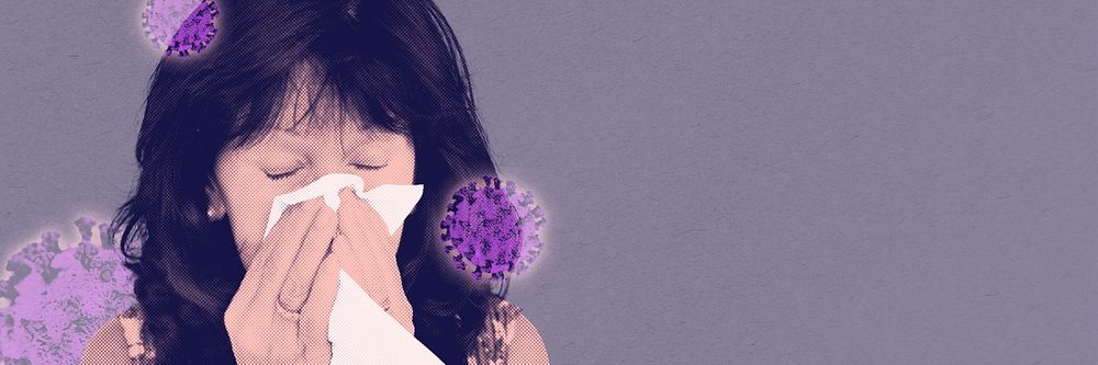 Sneezing woman with coronavirus symptoms social banner