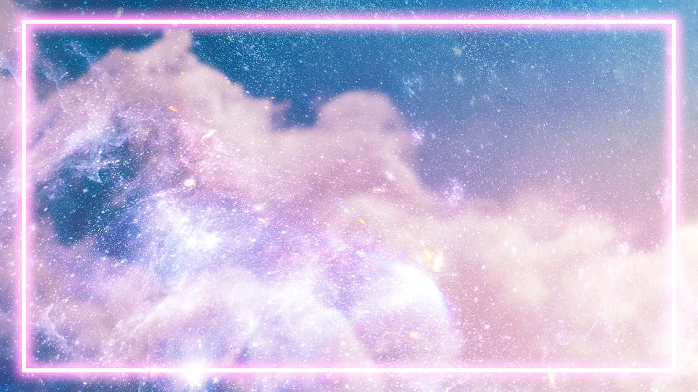 Pink neon frame on a pastel galaxy background