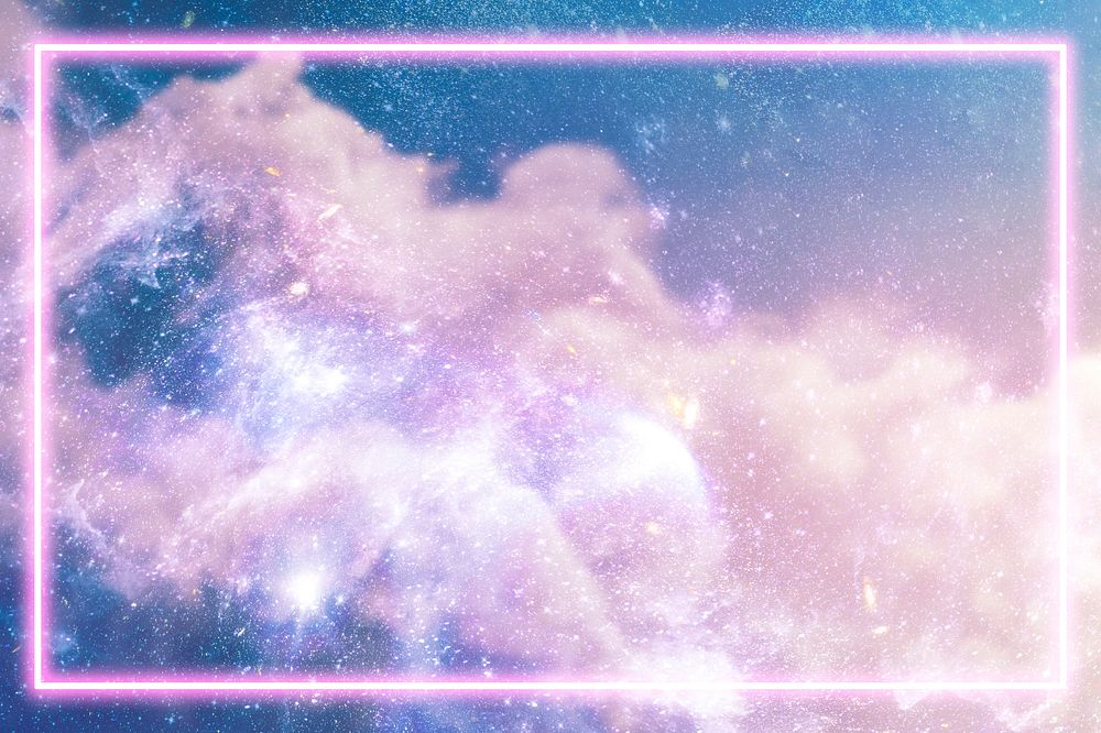 Pink neon frame on a pastel galaxy background