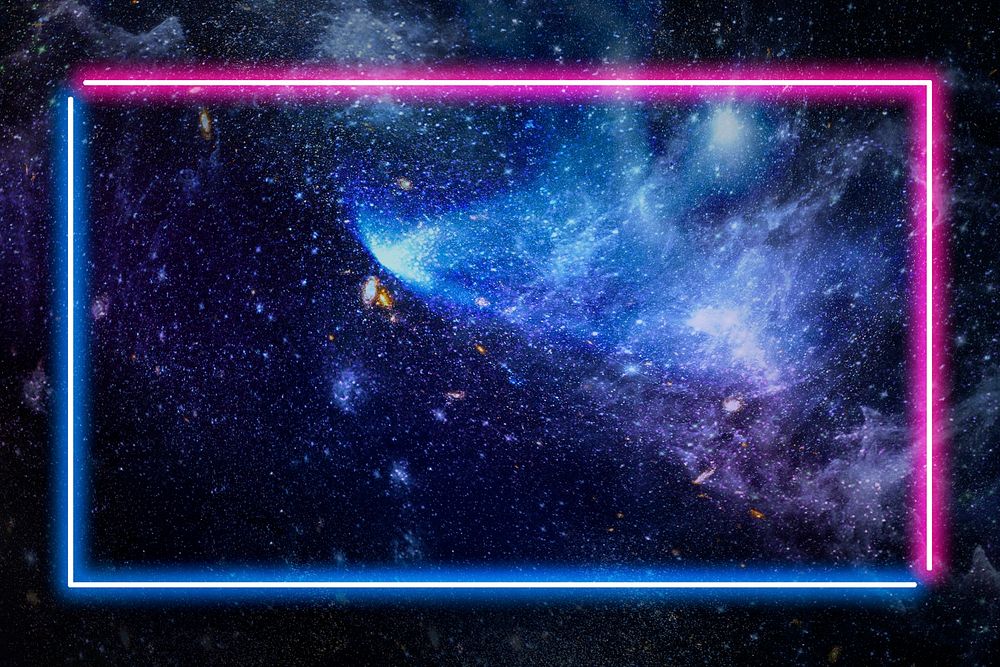 Pink and blue neon frame on a dark galaxy background