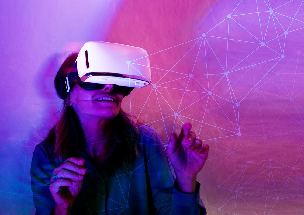 Cheerful woman enjoying a VR headset