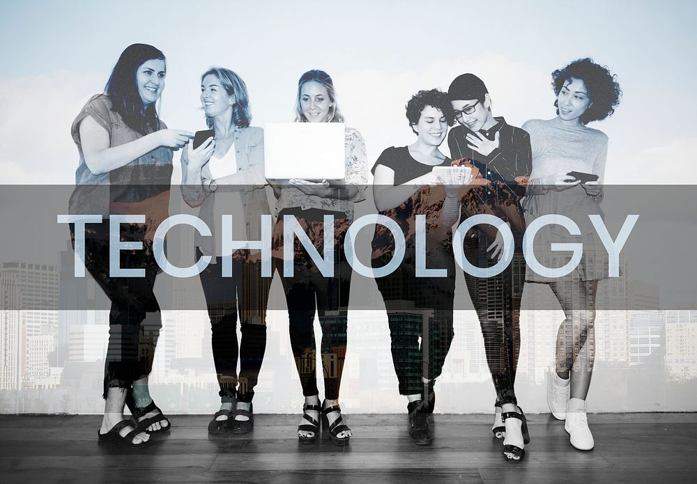 Group of diverse women using various digital devices