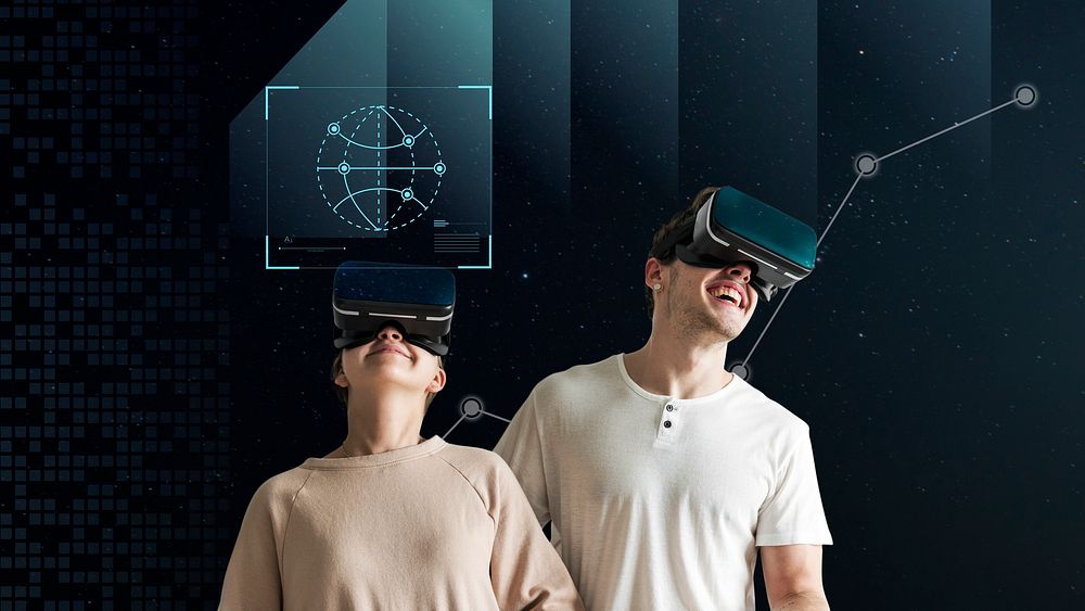 Couple experiencing virtual reality with VR headsets