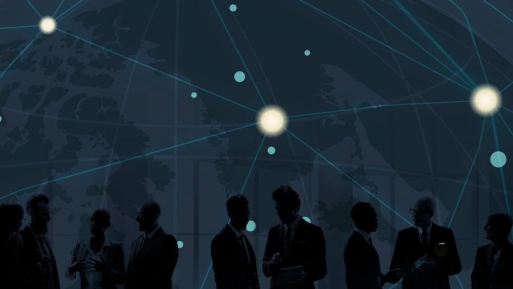 Silhouetted business people with global connections background