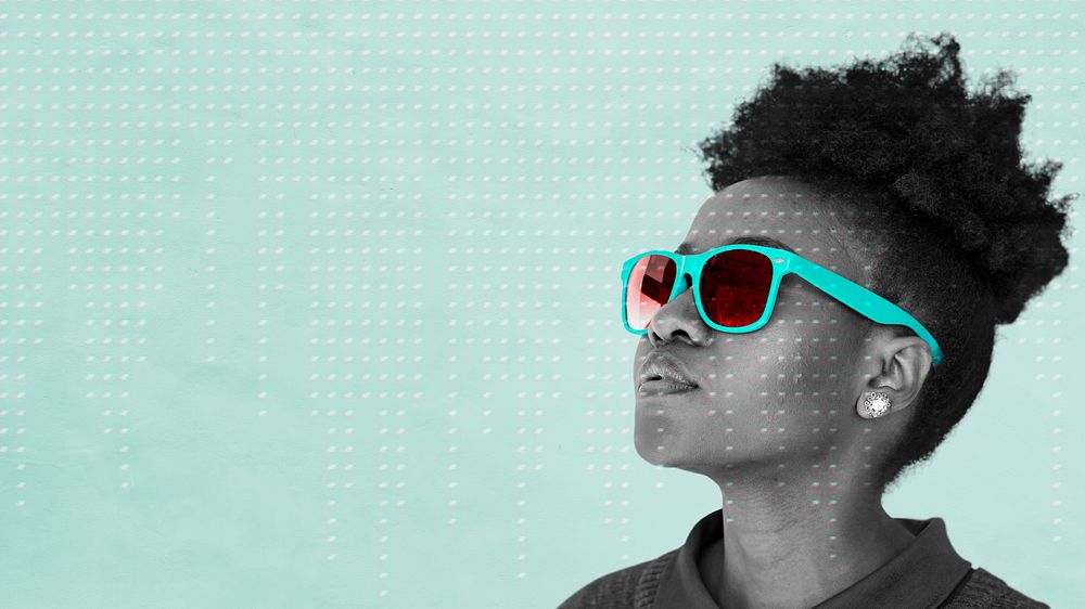 Black woman wearing teal sunglasses