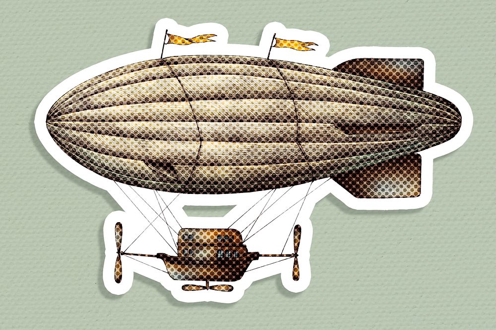 Hand drawn airship halftone style sticker with a white border illustration