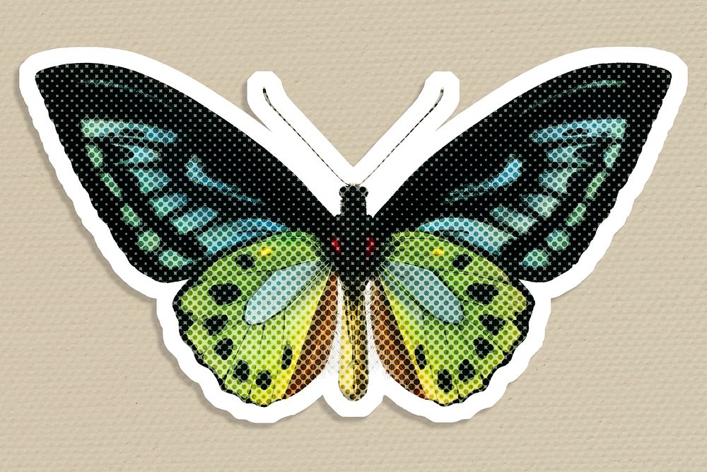 Hand drawn butterfly halftone style sticker with a white border illustration