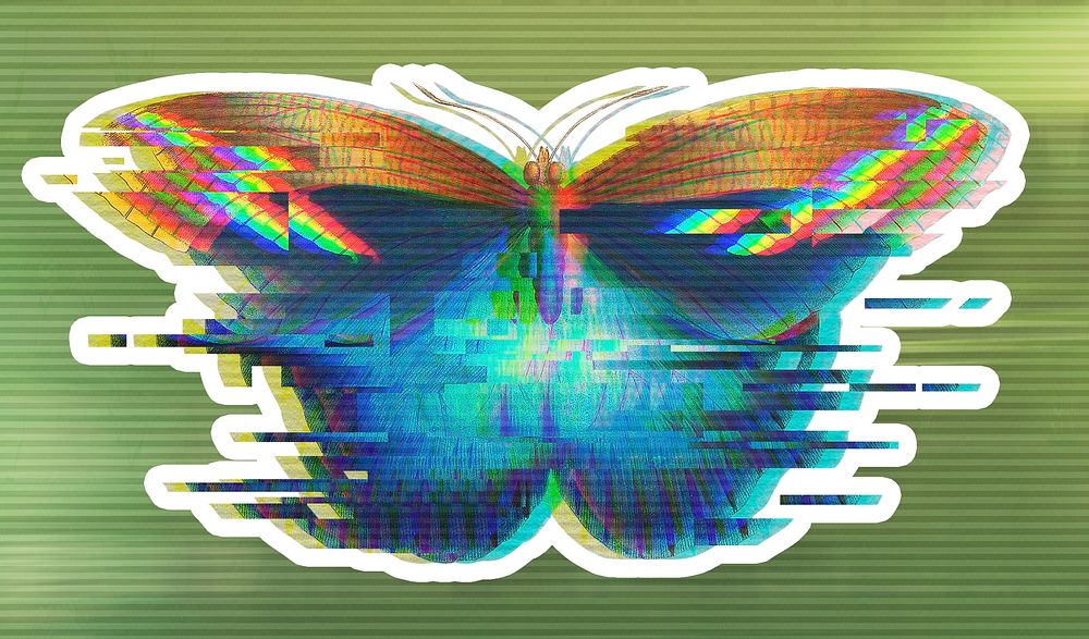 Butterfly glitch style sticker overlay with a white border