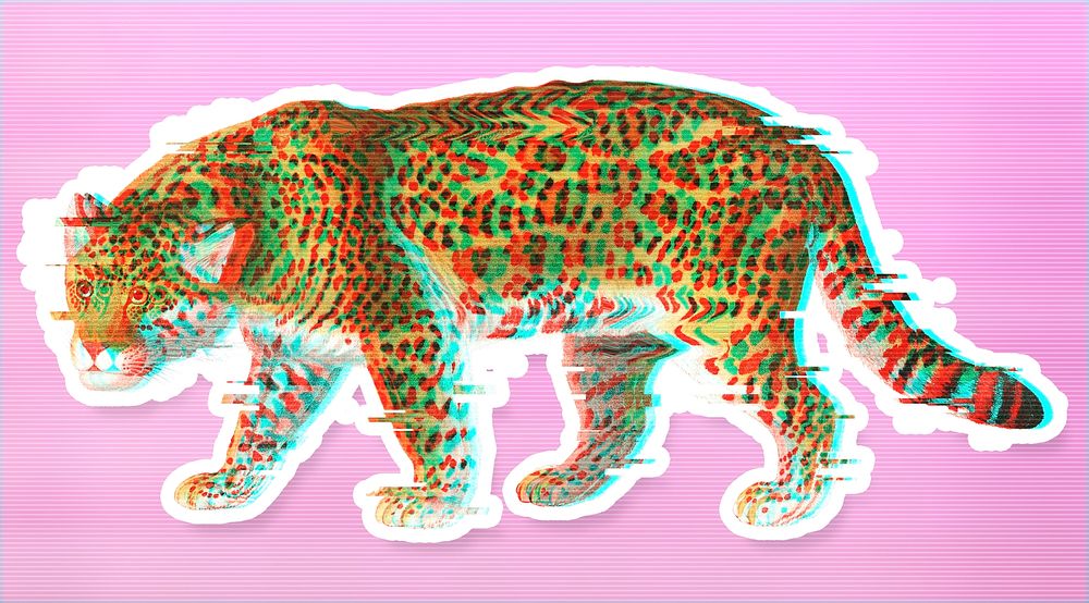 Jaguar with glitch effect sticker with white border design element