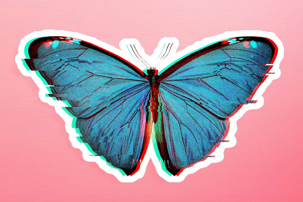 Blue butterfly with glitch effect sticker with white border overlay