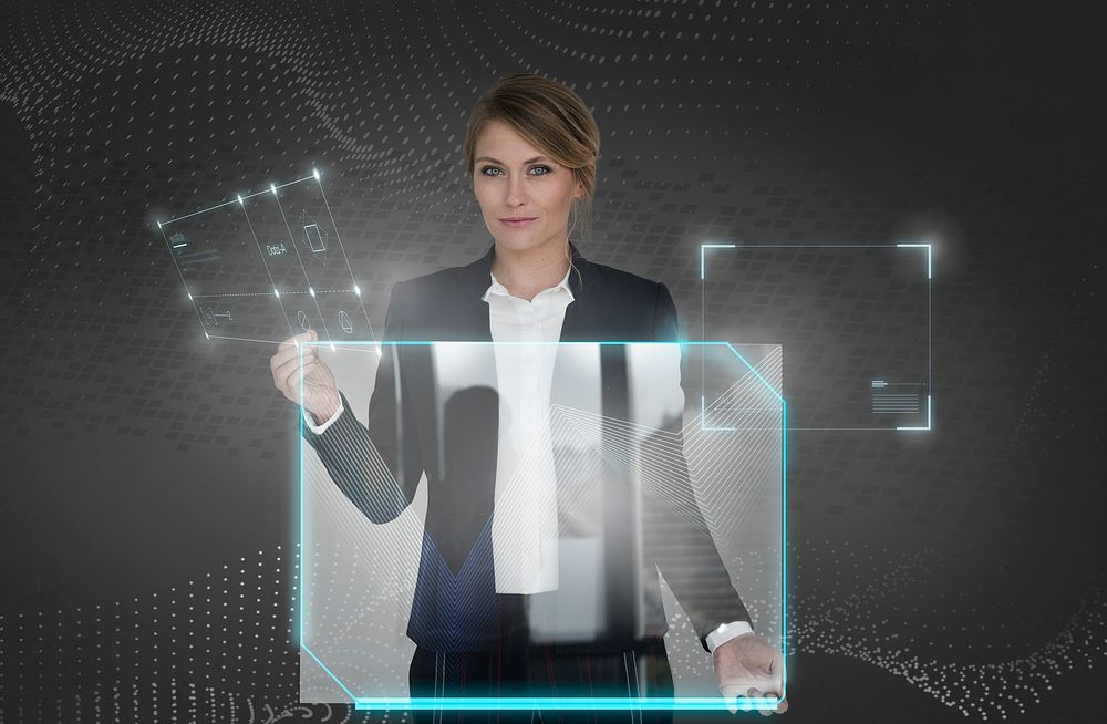 Business woman holding a transparent screen mockup