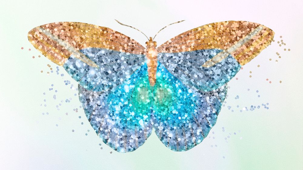 Glittery blue butterfly sticker overlay on a gradient background 