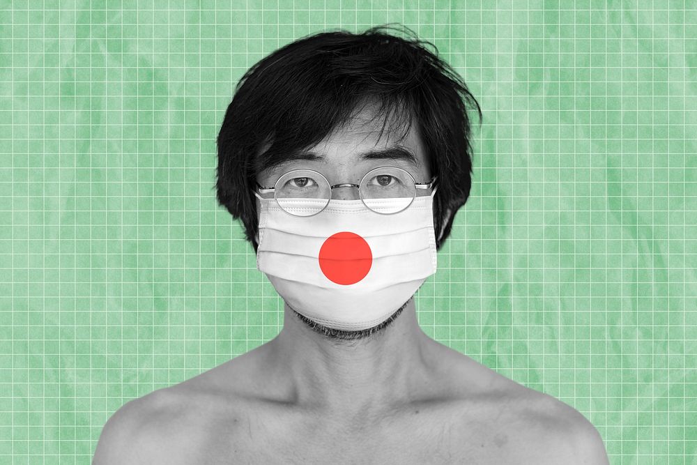 Japanese man wearing a face mask during coronavirus pandemic mockup