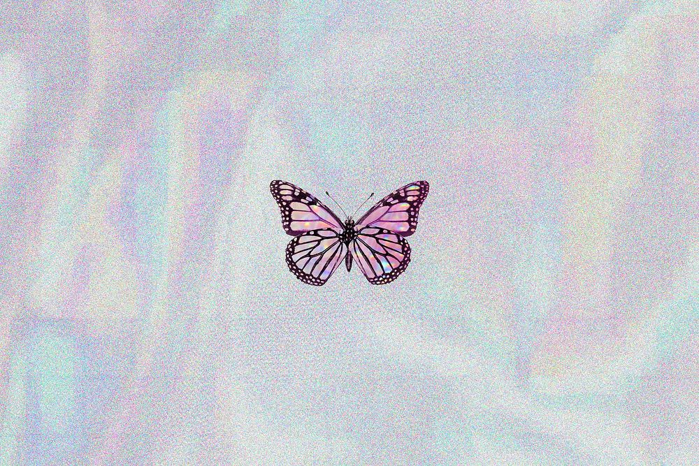 Pink butterfly on a holographic background