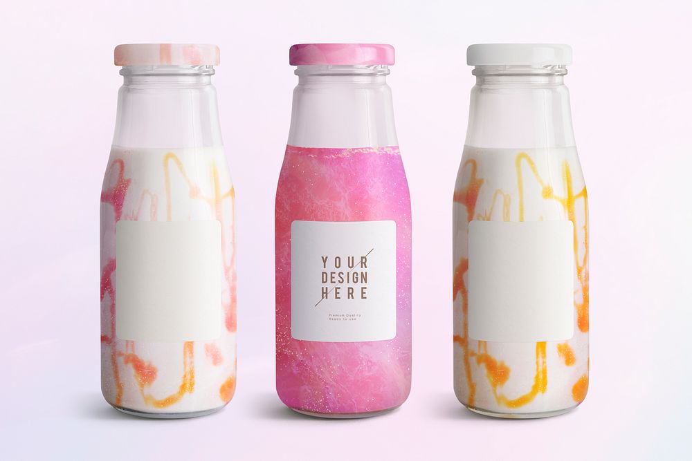 Flavorful milk tea blend in a glass bottle with a label mockup set