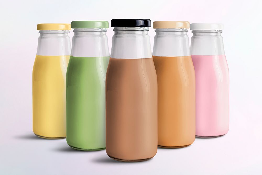 Colorful milk tea in glass bottle mockups