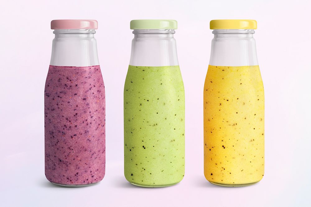 Fruit smoothie in glass bottle mockups set 