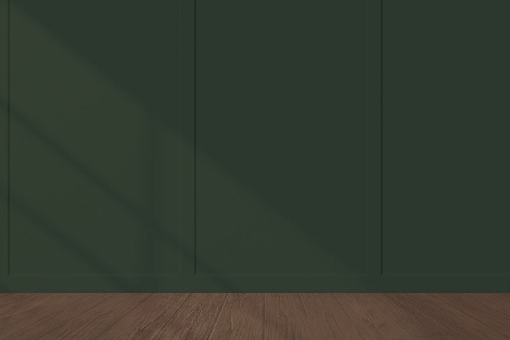 Dark green wall mockup with a wooden floor