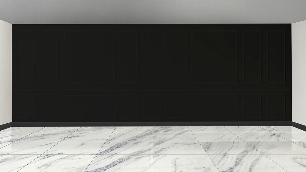 Black wall mockup with white marble floor