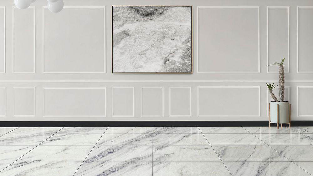 White wall mockup and picture frame with white marble floor